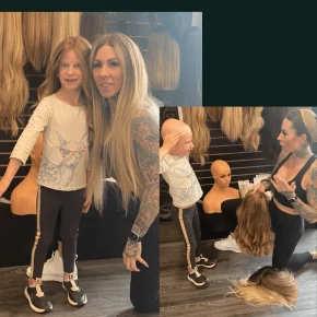 Bombshell boutique employee helping a child try on a wig