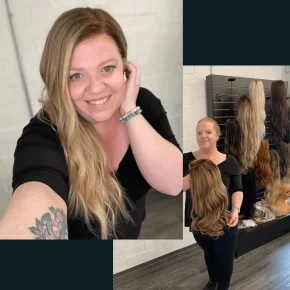 Bombshell Boutique client holding and wearing a blonde wig